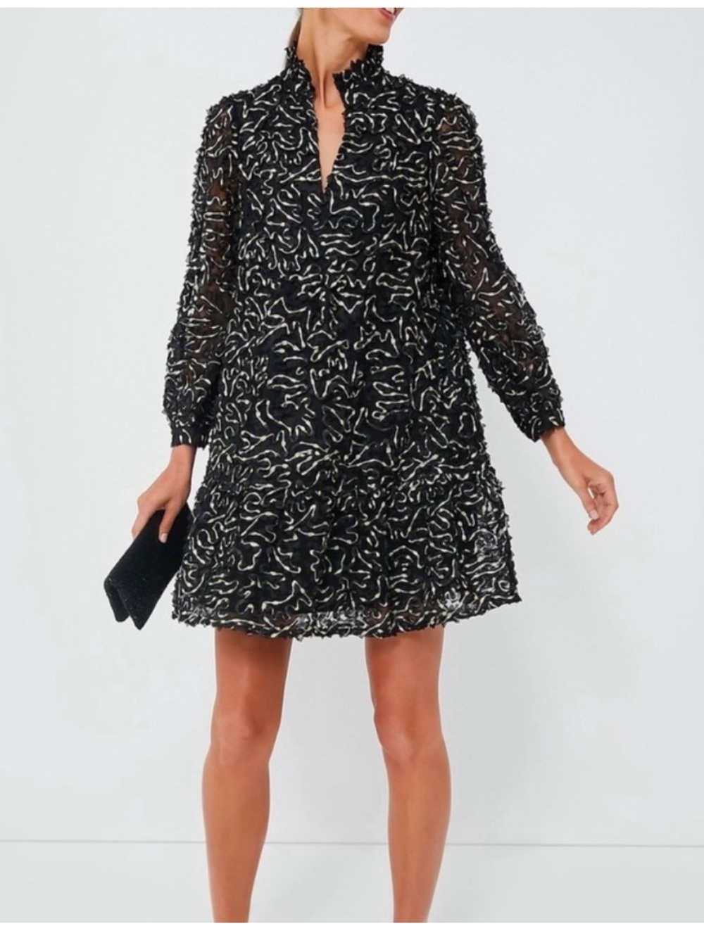 Black Metallic-Accent Ruffle Mini Dress